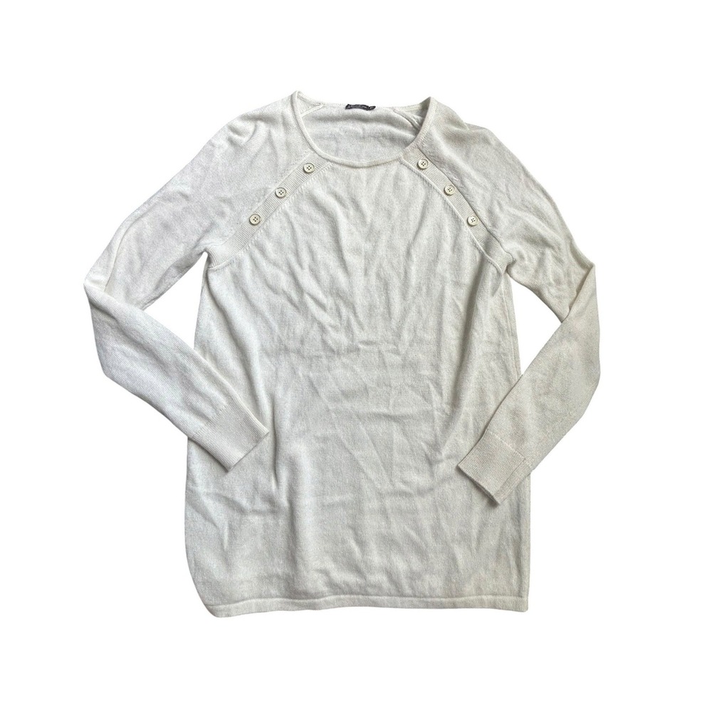 J.McLaughlin Cream Round Neck Pullover Sweater Button Trim Raglan Sleeve Size XS